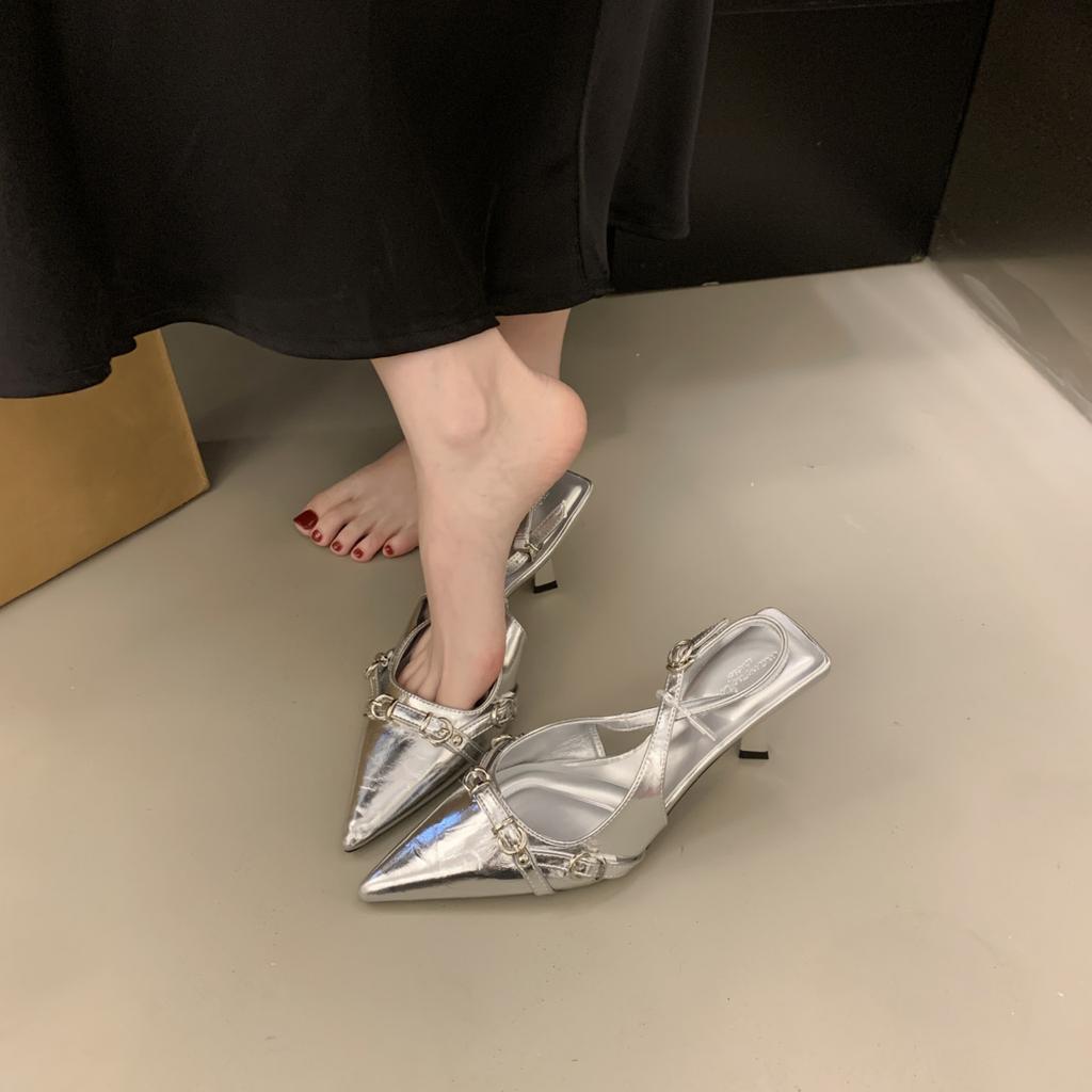 French Bag Head, High-heeled Sandals, Shallow Mouth, Spring 2025 New Models, Back Empty Thin Heel Temperament, Celebrity Pointed Single Shoes, Wome