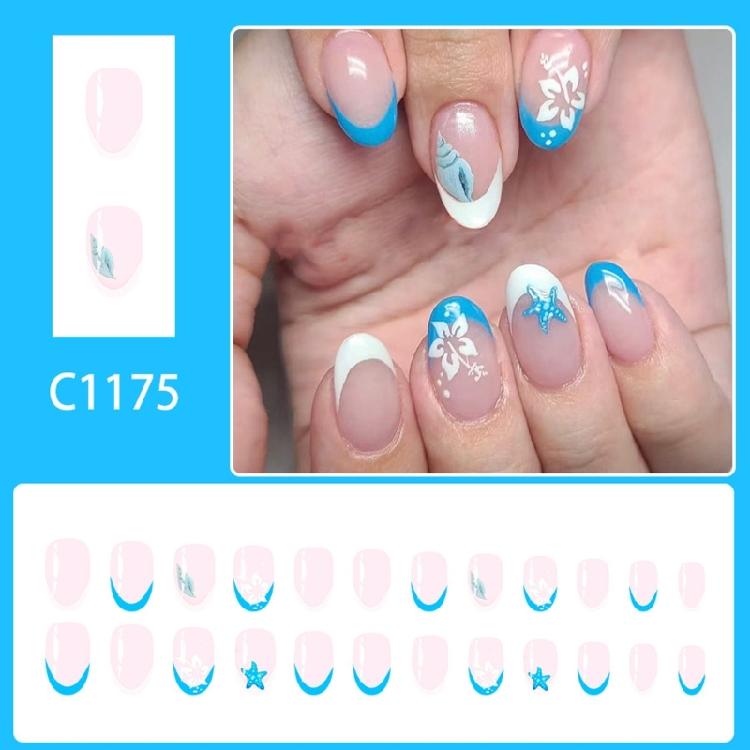 Elegante Unghia Finta Floreale Gradiente Blu Bianco Plastica Glitterata Press On Unghia Manicure Rapida Fai-da-te Per Evento Nuziale