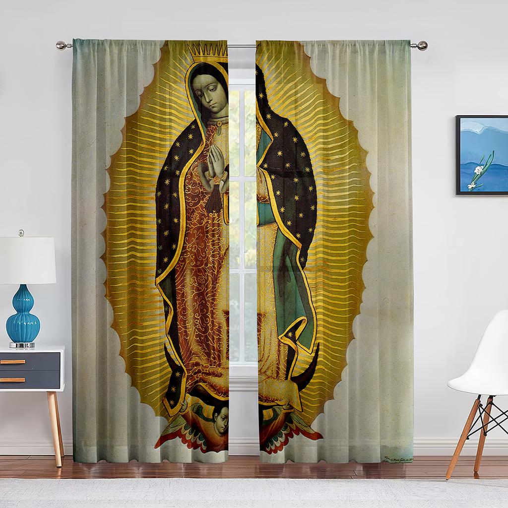 Unsere Liebe Frau von Guadalupe Mexikanische Heilige Jungfrau Maria Floral Transparente Voile Vorhänge für Schlafzimmer Wohnzimmer Küche Chiffon Tüll Vorhänge