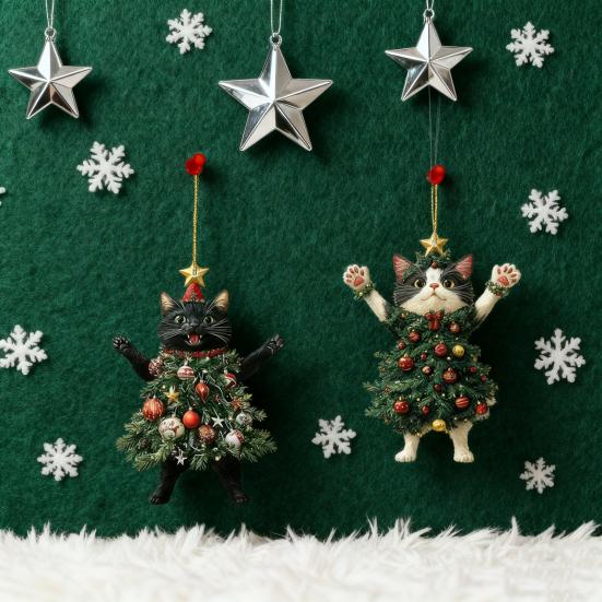 Weihnachtskatze im Weihnachtsbaum Acryl Hängeornament 2D Flach Auto Rückspiegel Anhänger Weihnachtsgeschenke für Katzenliebhaber