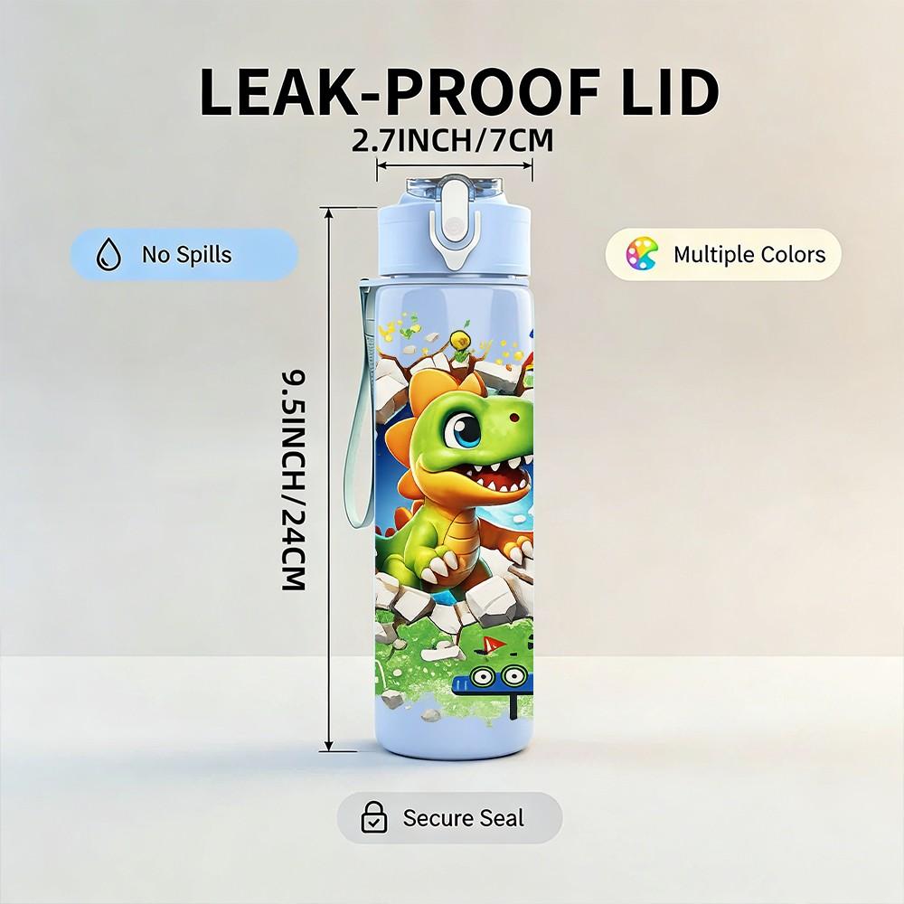 1PC Colorful Dinosaur Boy Cartoon Print 750ml Color Plastic Sports Water Bottle Leakproof Flip Straw Lid Suitable for Sports Office Home Use