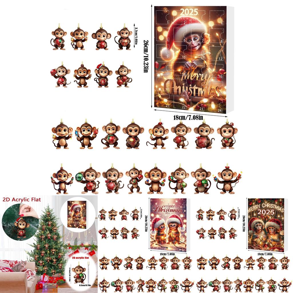 Christmas Advent Calendar With 24 Acrylic Monkey Ornaments For Kids And Family Holiday Decor