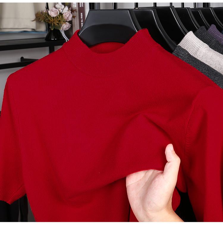 Men's Short-Sleeve Knit Sweater with Half-High Collar - Lightweight Pullover for Middle-Aged and Young Men