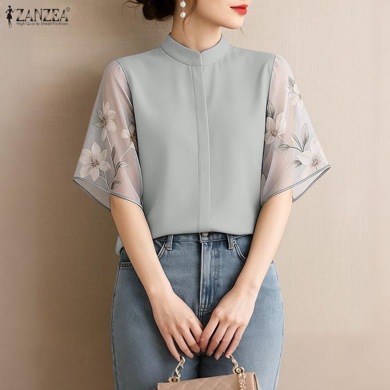 ZANZEA Women Casual Stand Collar Summer Splice Short Sleeve Blouse