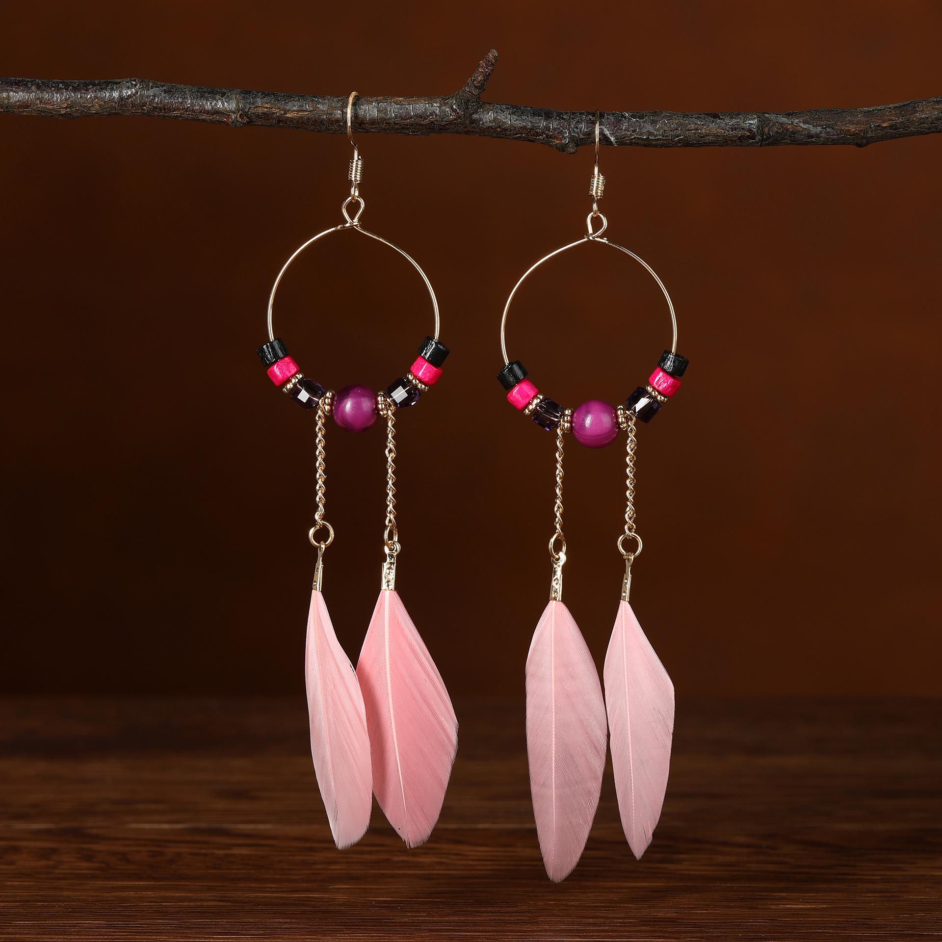 

Богемные серьги-кольца из бисера с перьями и цепочками - Этнический стиль, Длинный дизайн розовый