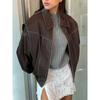 Fashion Patchwork Lapel Long Sleeve Coats Vintage Red Zipper Leather Jacket for Women Autumn Winter Female Casual Outerwear