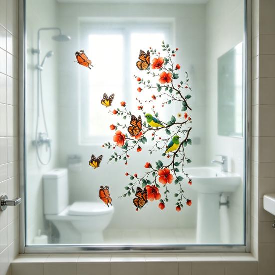 Blumen Schmetterling Vogel Fensteraufkleber, Selbstklebender Statischer Glassticker für Wohnzimmer Dekoration, Rückstandsfrei Abnehmbare Wandkunst