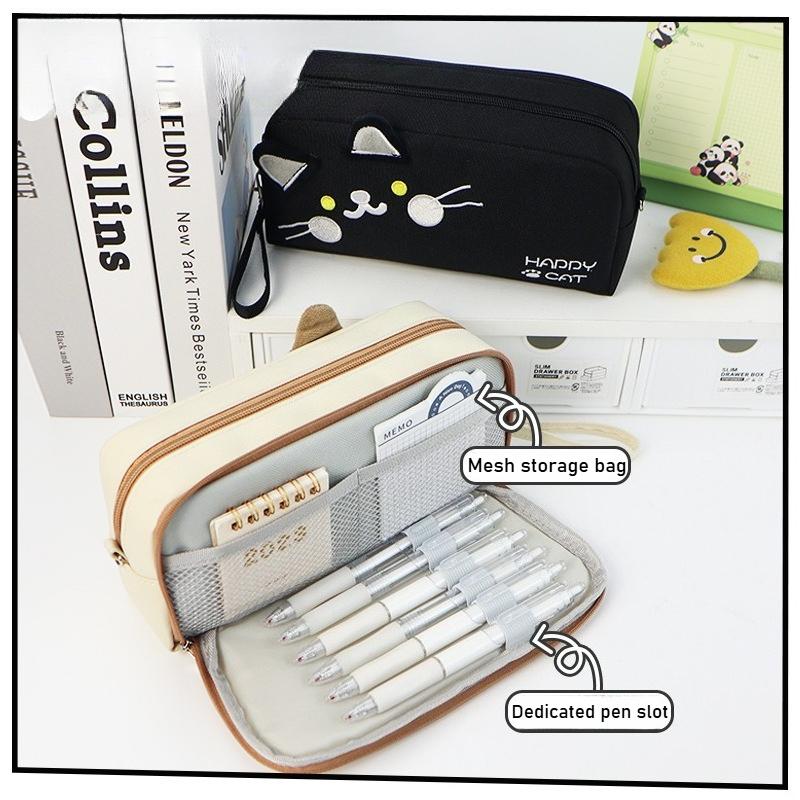 Cute Black and White Cat Pencil Case - Portable Large Capacity Stationery Bag with Pen Insert & Mesh Pocket for School Supplies
