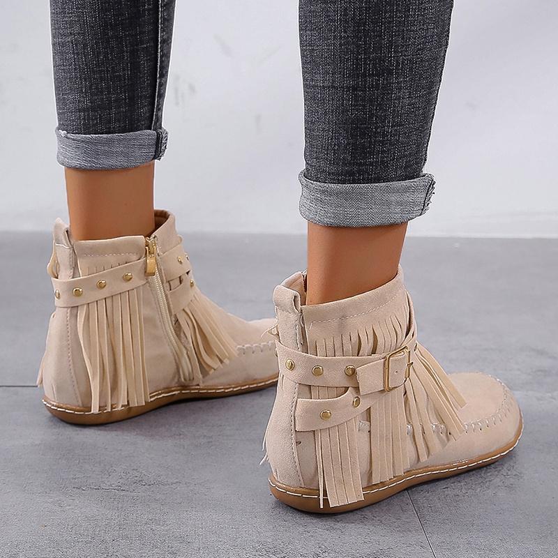 Women's Fashion Retro Boots Winter Ankle Boots Flat Boots Tassel Ladies Boots Plus Size 35-43
