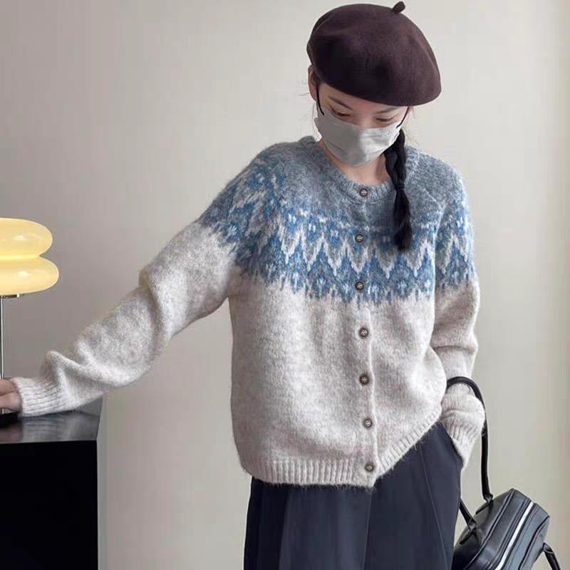 spring autumn color matching Knitted Sweater vintage printing Short Cardigan jacket Loose Crew Neck korean casual Sweaters Women
