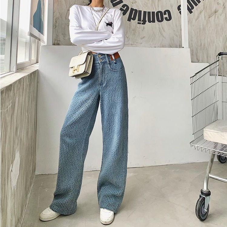 

Дышащие прямые джинсы, женские осенние тонкие повседневные тканые брюки с высокой талией, широкие брюки с широкими штанинами XXL синий