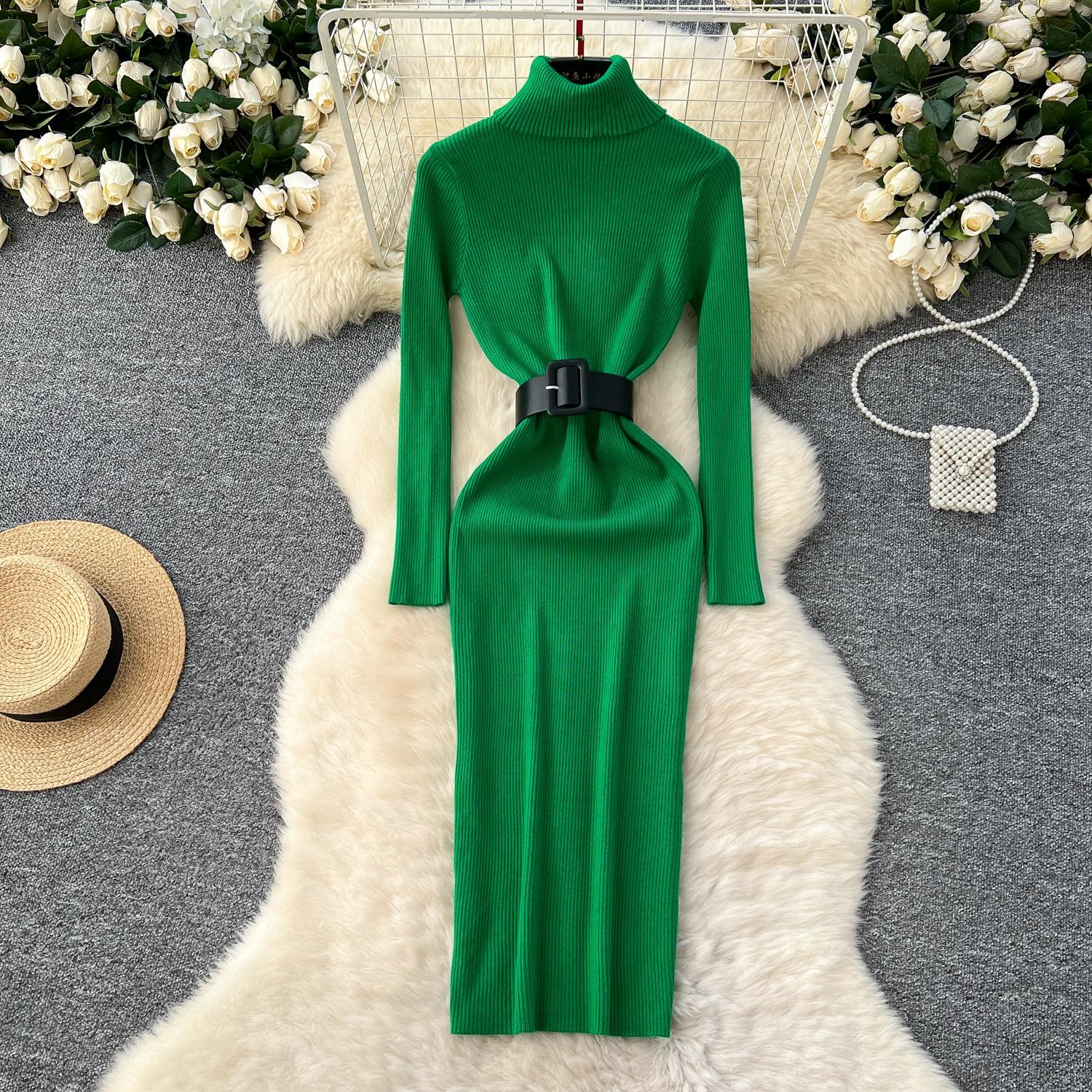 

Осень Зима Женский Элегантный Вязаный Свитер с Воротником Гольф Длинный Миди Облегающее Платье-Футляр для Офисной Работы с Поясом average size зелёный