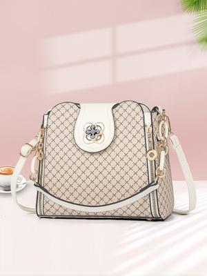 New Women's Handbag Luxury Design Bucket Shoulder Crossbody Bag Flip Over Printed Large Capacity Shoulder Bag