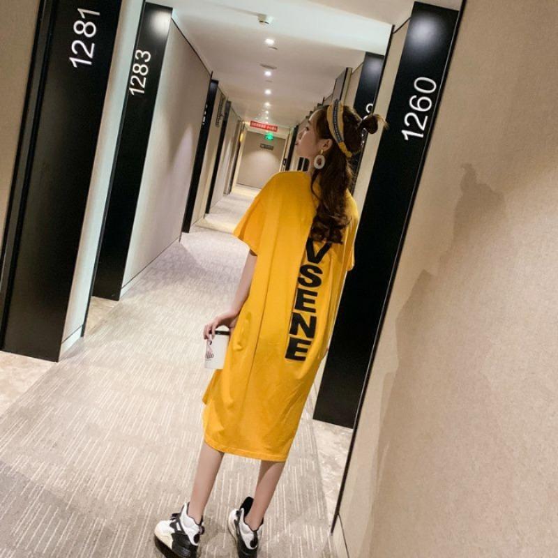 

Summer Short Sleeve T-shirt Dress Backless Sexy Dress Loose Plus Size Women s Dress 2XL жовтий