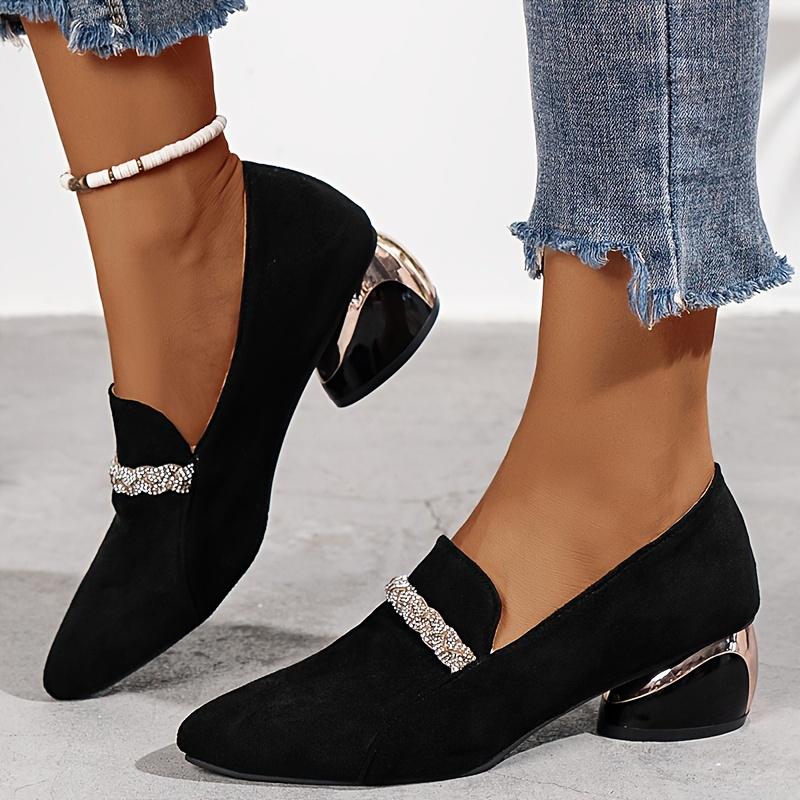 Pointed Toe Crystal Women Loafers Shoes Chunky Suede Mid Heels Casual Shoes Autumn New Brand Walking 2024 Cozy Zapatos Mujer