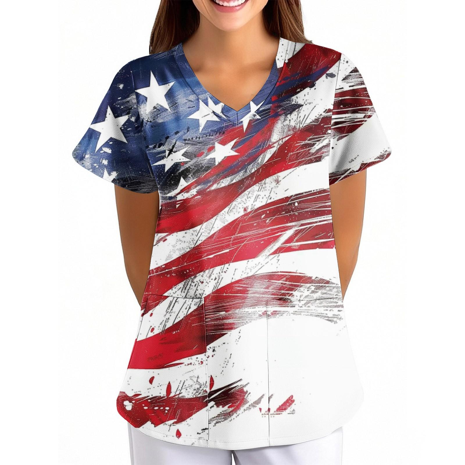 

Женская униформа с принтом Дня независимости, свободная, с V-образным вырезом, карманом и коротким рукавом XXL