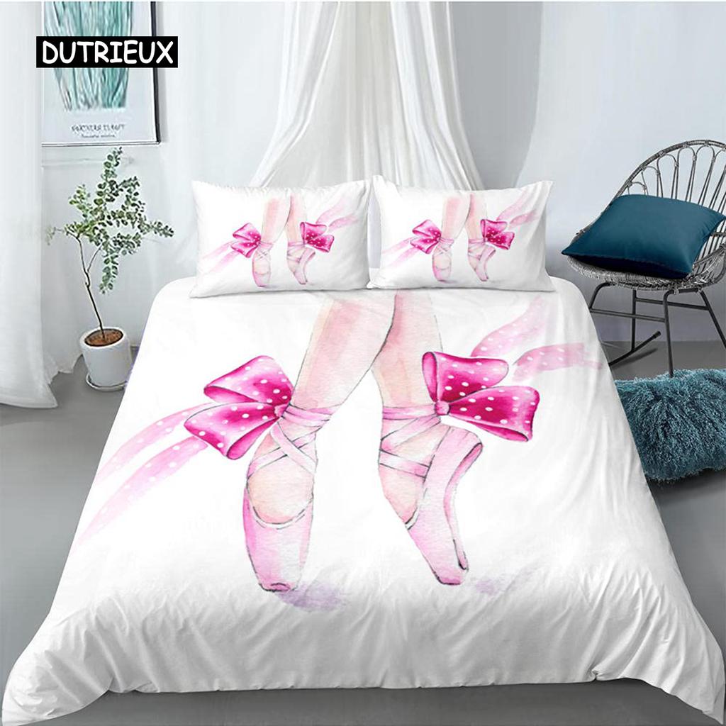 Ballet Duvet Cover Set King Microfiber Ballet Accessory Shoes Dress Bedding Set for Girls Rose Leaves Summer Style Quilt Cover