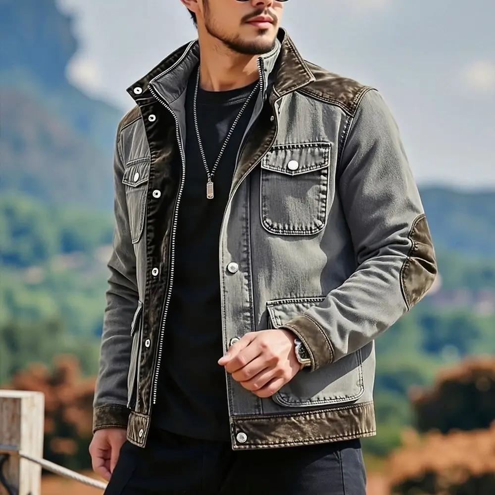 Spring Autumn Men's Multi Pocket Denim Jacket Fashion Patchwork Casual Outerwear Coat Men