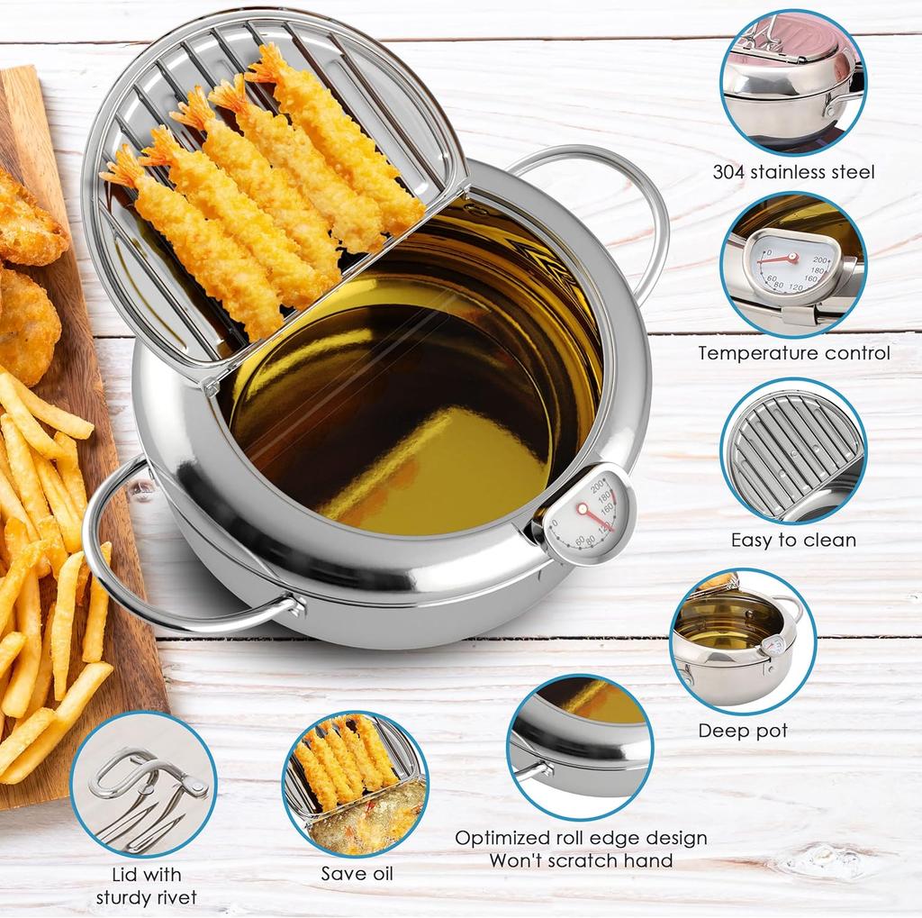 Mini Deep Fryer, Japanese Frying Pot, Stove Top Deep Fryer Pot, Frying Pot with Basket, with Lid, Temperature Gauge,