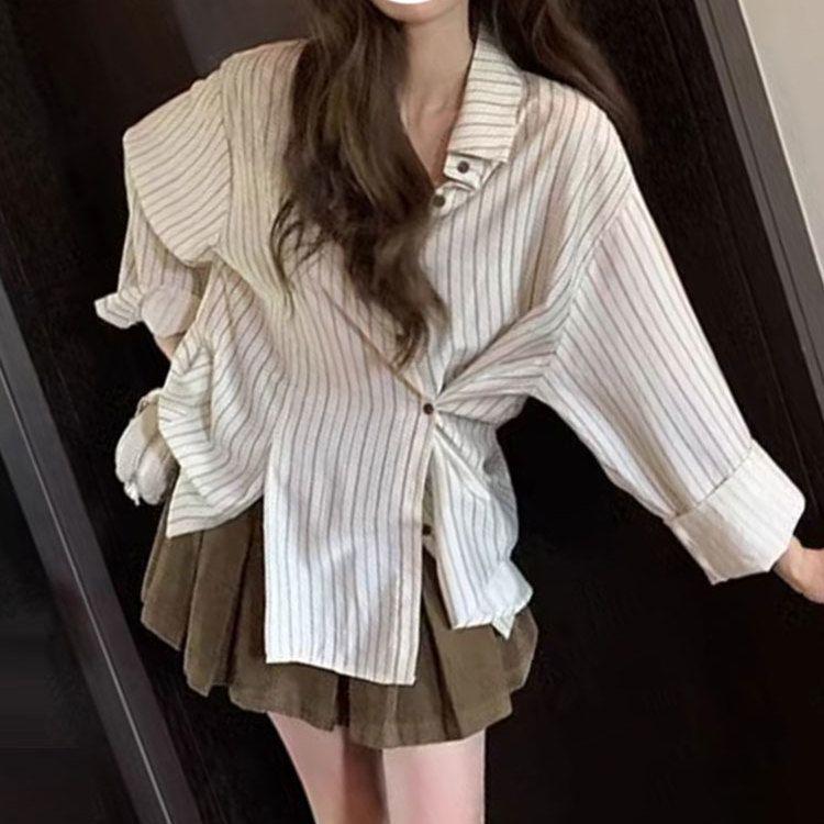 

Женская полосатая рубашка неправильной формы во французском стиле, свободная, с лацканами, с длинными рукавами, осенняя, универсальная, женский кардиган на пуговицах 2XL