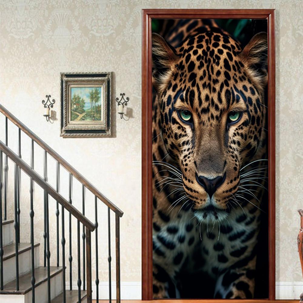 Pegatinas para puerta con diseño de león, realistas, despegables y pegables, para niños, decoración estética para sala de estar.