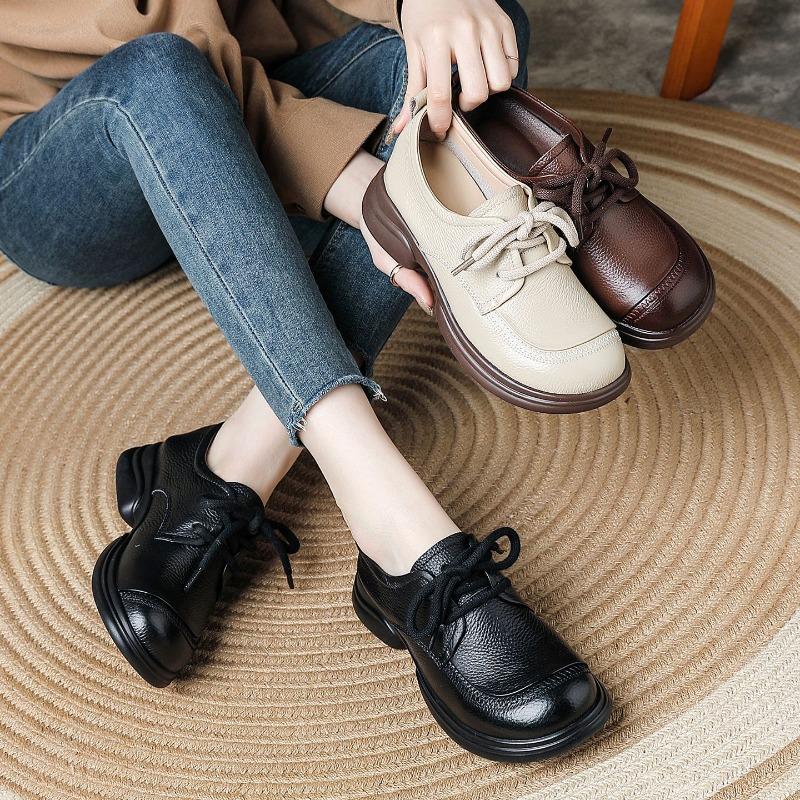 All cowhide retro small leather shoes medium heel platform lace-up wide head leather shoes genuine leather mother single shoes