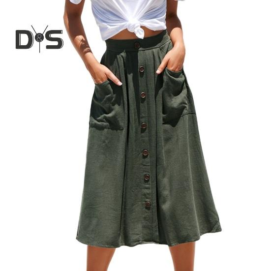 

Женская юбка миди, эластичная, с высокой талией, утягивающая, длиной до середины икры, с карманами, однотонная, с пуговицами, декорированная, юбка А-силуэта M зелёный