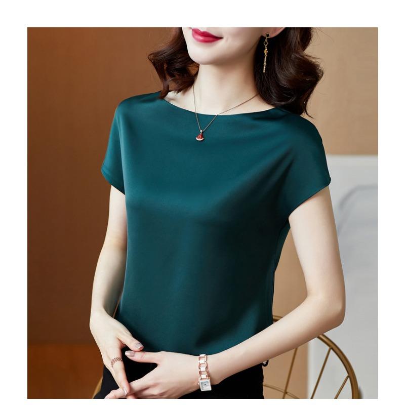 Round Neck Short Sleeve Women's Solid Color Mulberry Silk Top Large Size Loose Satin Bottoming Shirt