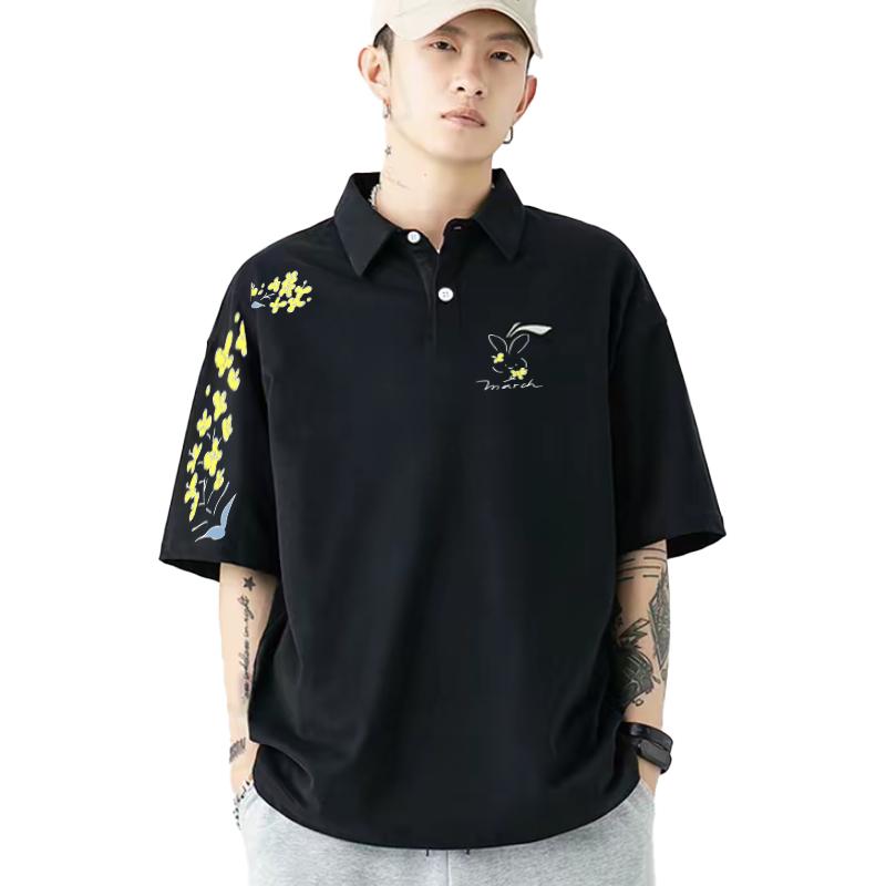 Li Ning Versatile Floral Bunny Print High Street Comfortable Outdoor Loose Fit Short Sleeve Polo Shirt Unisex tops APLT137-1(TEAM702-A24)