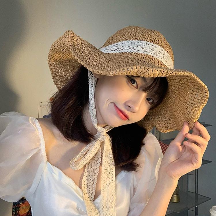 New lace strap straw hat girl summer small fresh sweet fairy straw bucket hat shade