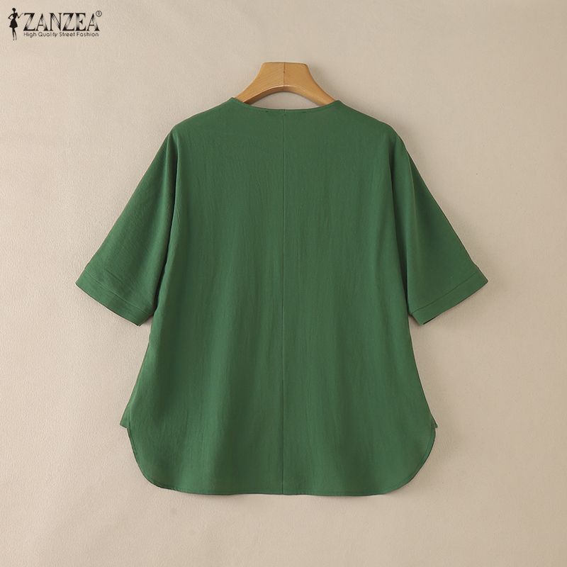 ZANZEA Dámská ležérní bavlněná halenka s kulatým výstřihem, jednobarevná, s 3/4 rukávem