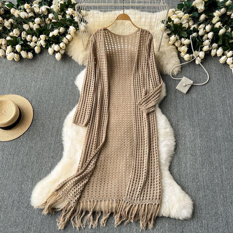Fancy Idle Style Mid Length Long Length Cardigan Shawl Women's Seaside Holiday Travel Sun Protection Cut Out Knitting Tassel Outwear