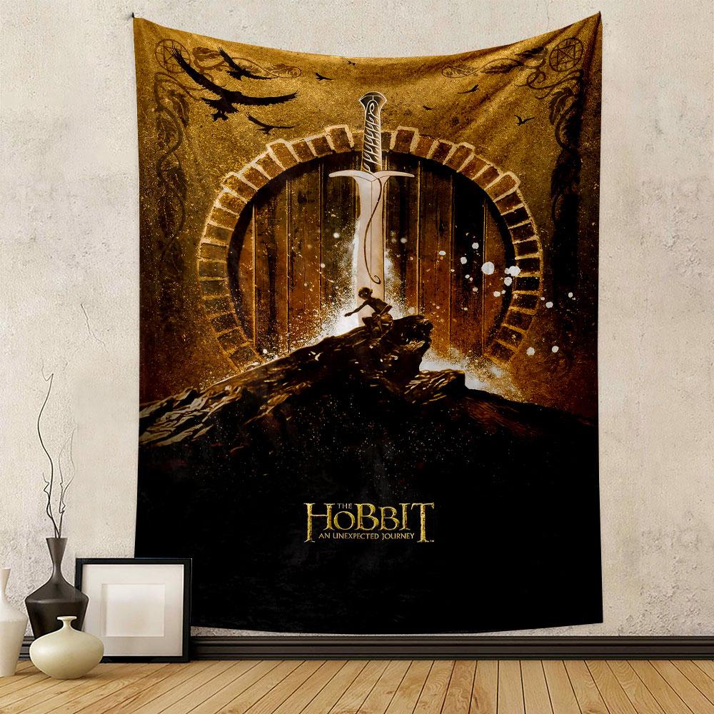 A sword piercing a glowing doorway with a figure atop a rocky hill. Patterned tapestry for bedroom and living room home decor