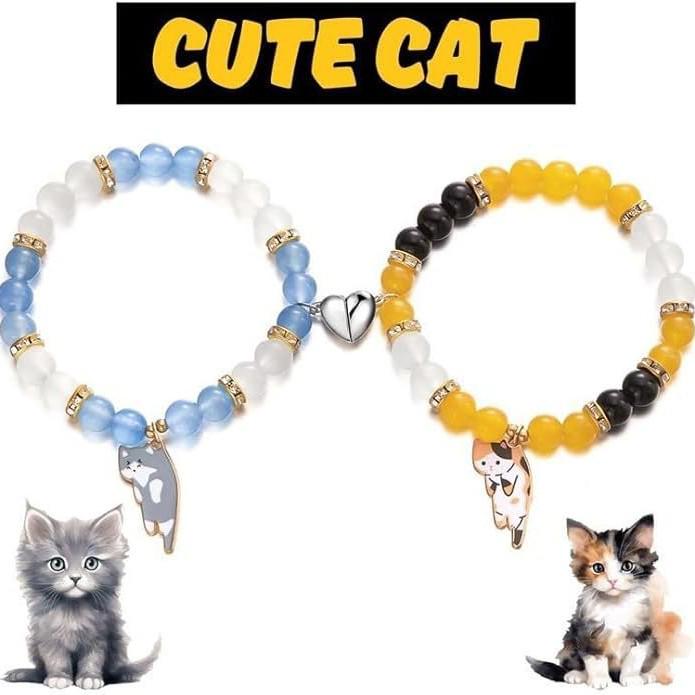 European & American Glass Bead Cat Couple Magnetic Elastic Bracelet