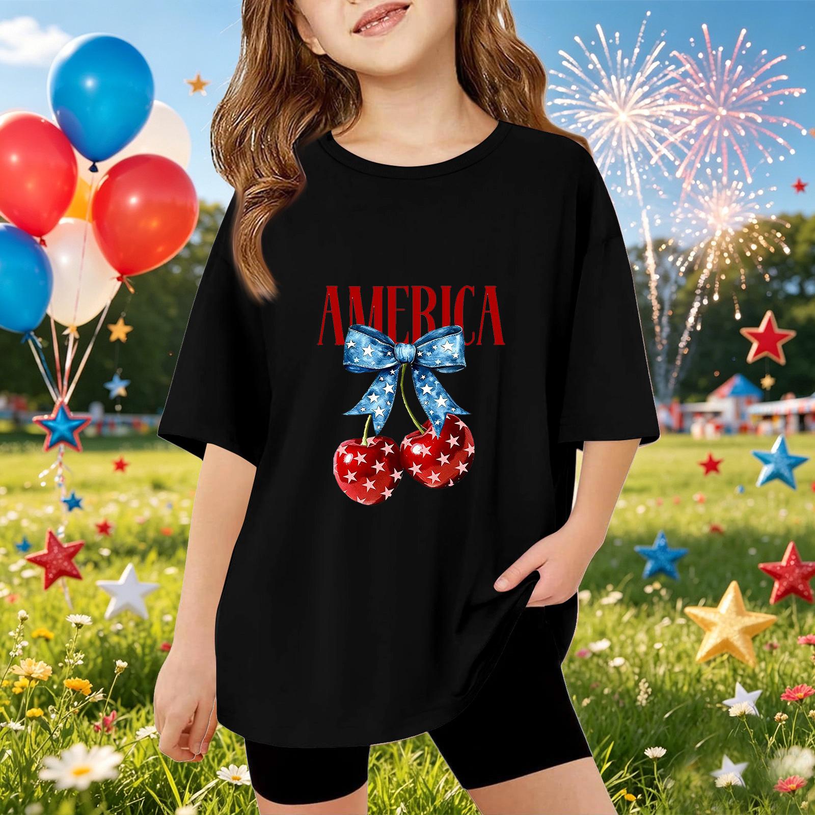 

Kids Short Sleeve T Shirt Independence Day Print Top America Graphic Tee Casual Summer Wear for Boys and Girls 150 чёрный