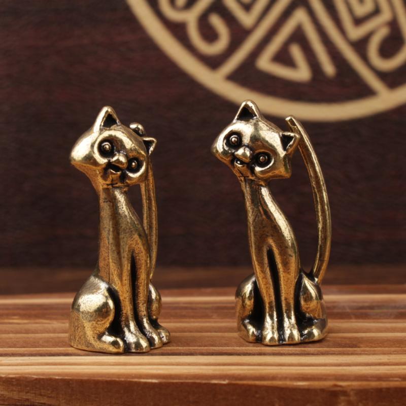 Lustige Katze Messing Kleine Ornament Heim Büro Schreibtisch Kätzchen Figuren Handgefertigt Tischplatte Kupfer Tier Skulptur Dekoration Handwerk