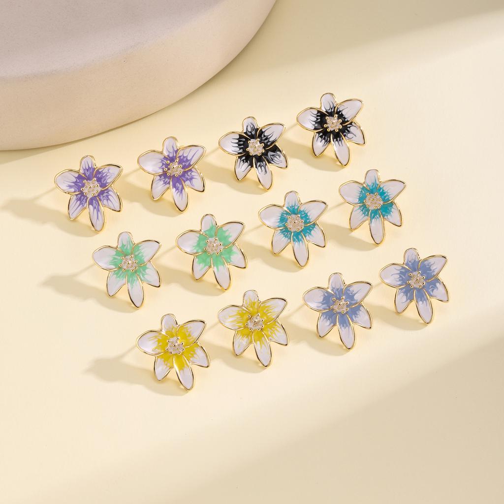 Nidin Summer Fresh Flower Enamel Stud Earrings 6 Colors Choice French Retro Style Cute Floral Ear Jewelry For Women Girls Gifts