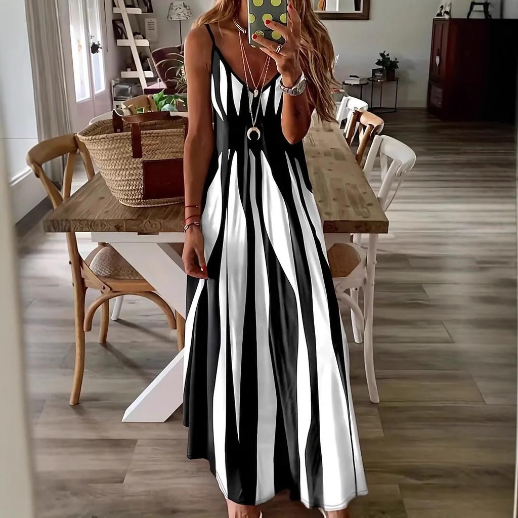 Women Casual Strap V Neck Striped Printed One Piece Dress