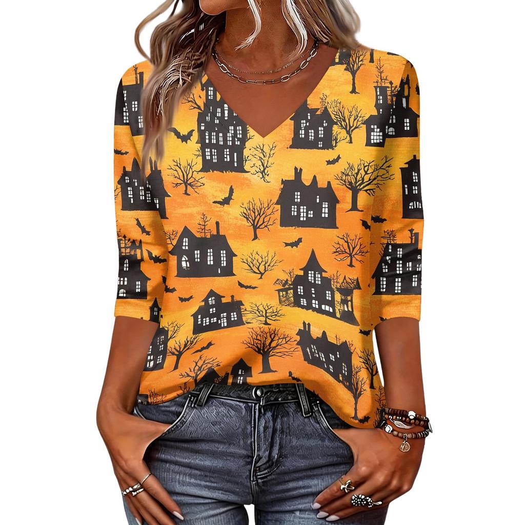 Women's Fashion Casual Halloween Print V-Neck Three-Quarter Sleeve Top