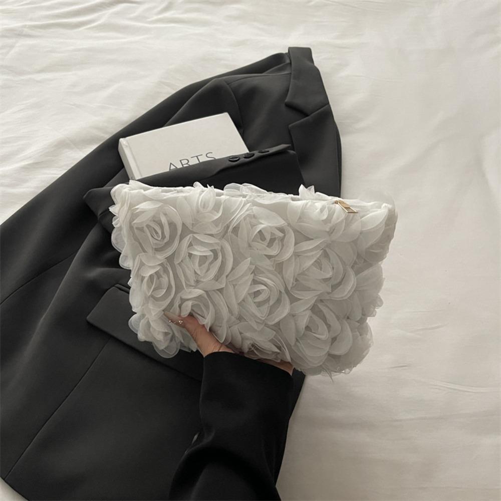 

Fashion Large Capacity Makeup Bag Zipper Solid Color Cosmetic Pouch Lace Flowers Toiletry Storage Bag Women білий
