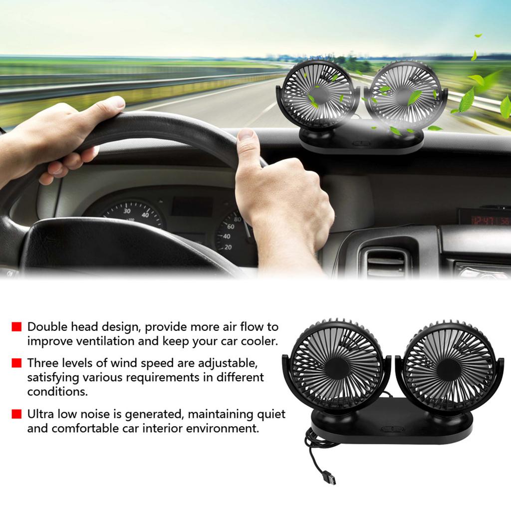 USB Dual Head Car Fan Portable Air Conditioner Auto Cooler Ventilation 12V Black