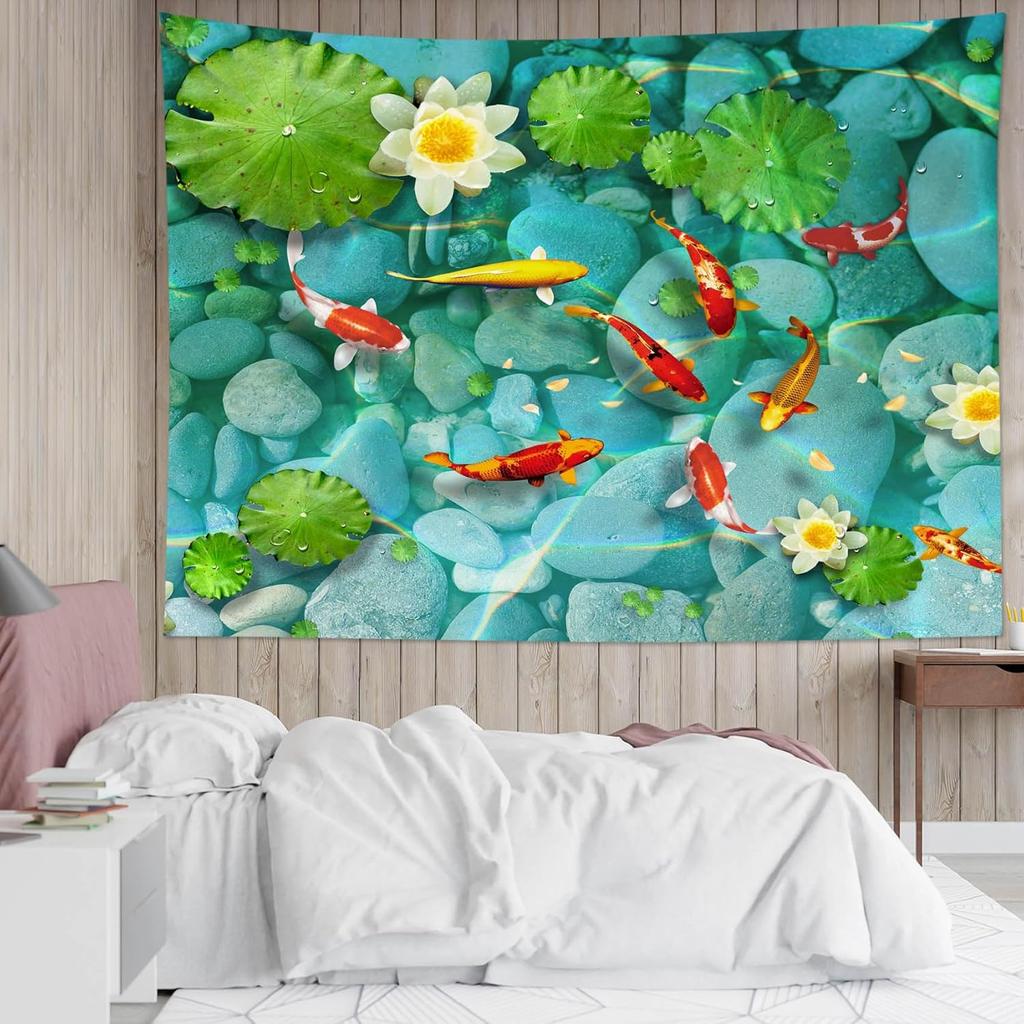 Fish Tapestry Japanese Carp in Lotus Pond Tapestry Wall Hanging Flower and Green Leaf Botanical Wall Art for Bedroom Living Room