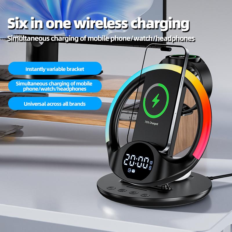 6-in-1 Wireless Charger with RGB Ambient Light & Alarm Clock Station for Iphone/Samsung Phone, iWatch/Galaxy Watch, AirPods/Buds