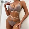 TERMEZY Erotická podprsenka Tanga Podvazky Set Ženy Spodní prádlo Sexy Spodní prádlo Set Porno Sex Kostýmy Průhledná krajka Babydoll Podprsenka Kalhotky