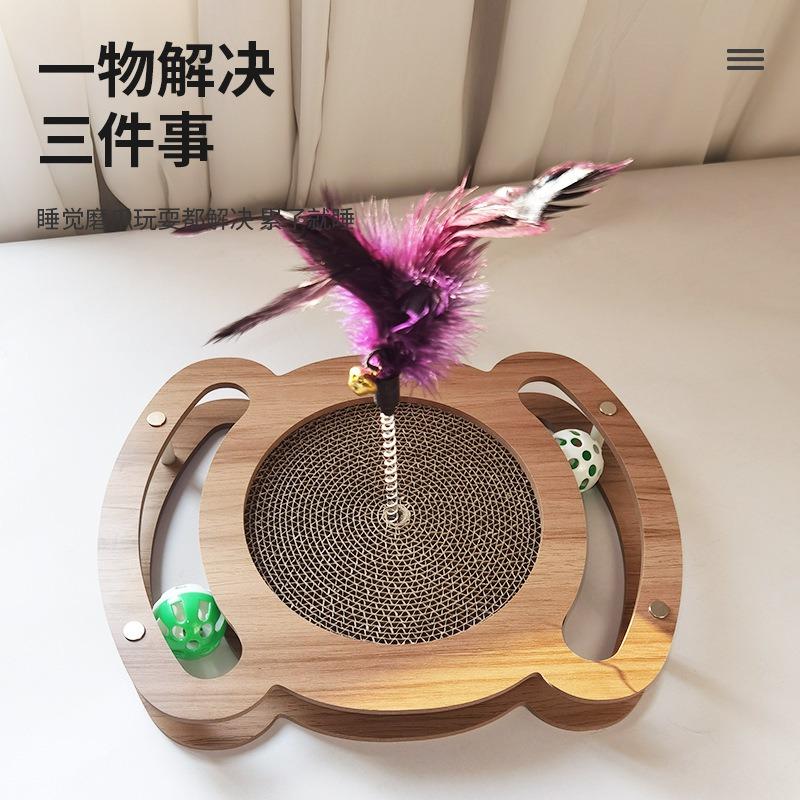 Solid Wood Wear Resistant Cat Scratching Turntable With Bell Cat Teasing Toy Pet Supplies