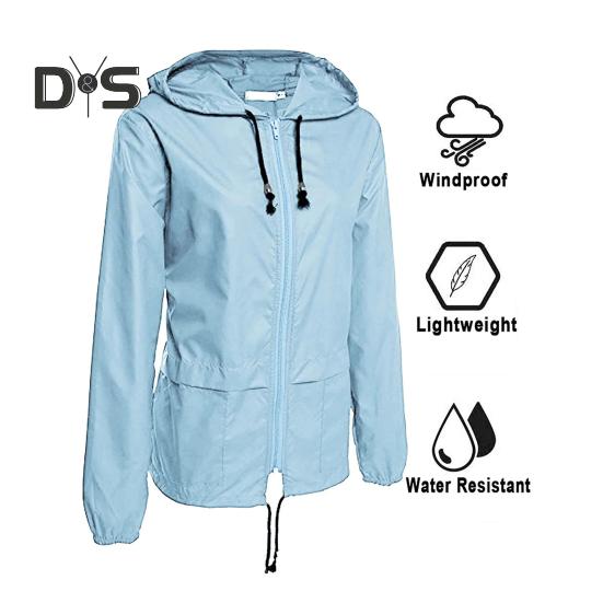 Giacca antipioggia da donna, leggera, comoda, casual, per campeggio, escursionismo, con cappuccio, impermeabile, foderata, antivento, con tasche