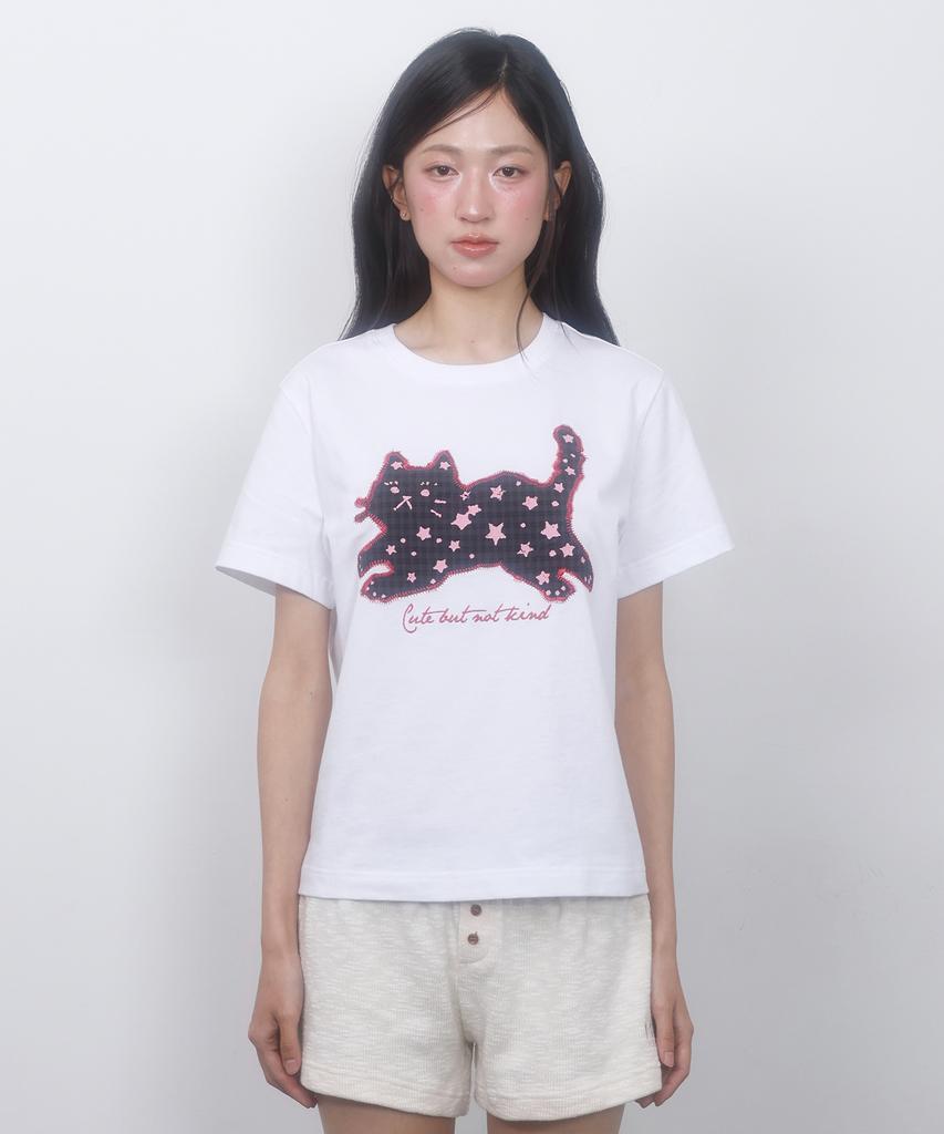 LMR Star Dot Cat Applique Short Sleeve T-Shirt White