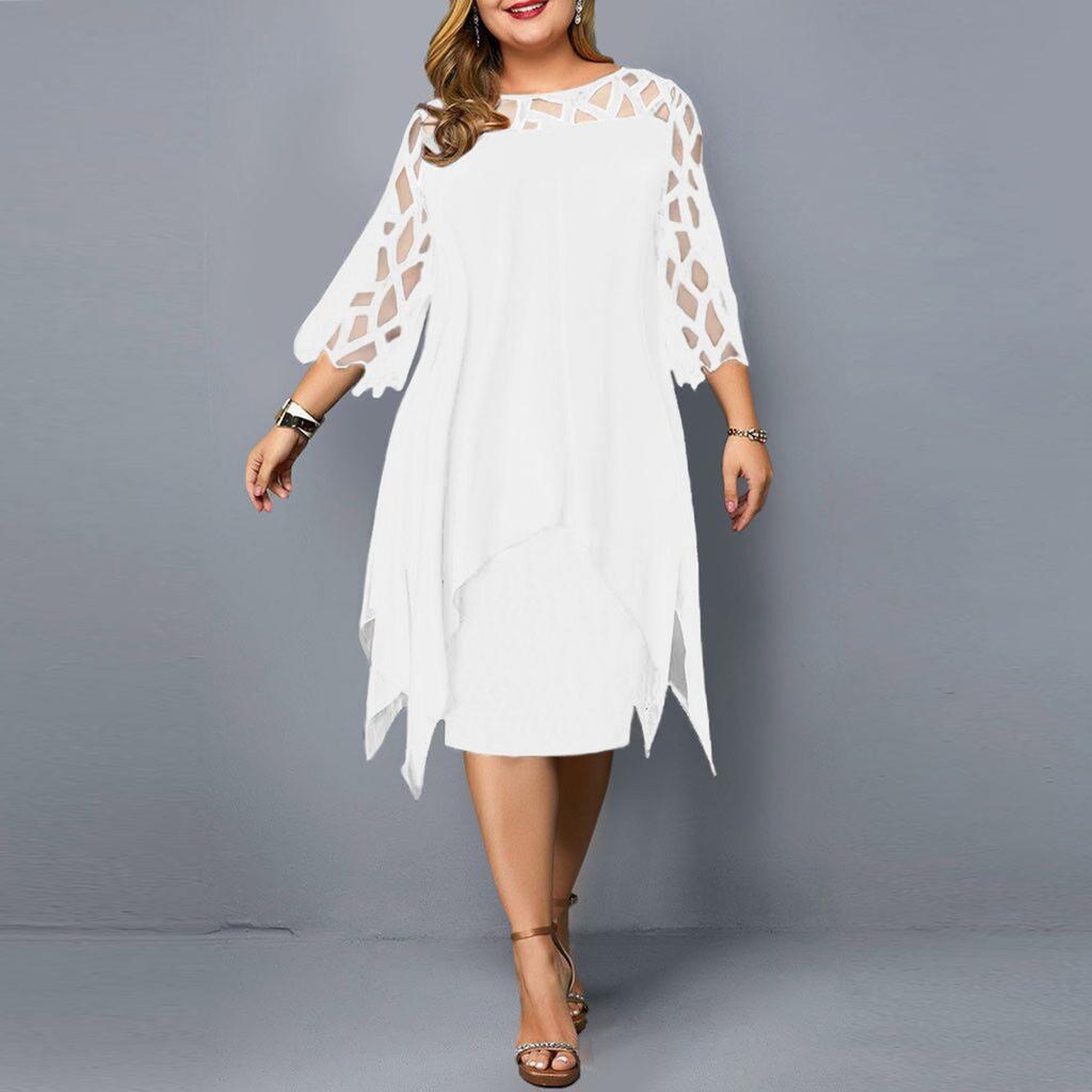Women's Round Neck Lace Patchwork Cropped Hem Dress With 3/4 Sleeves
