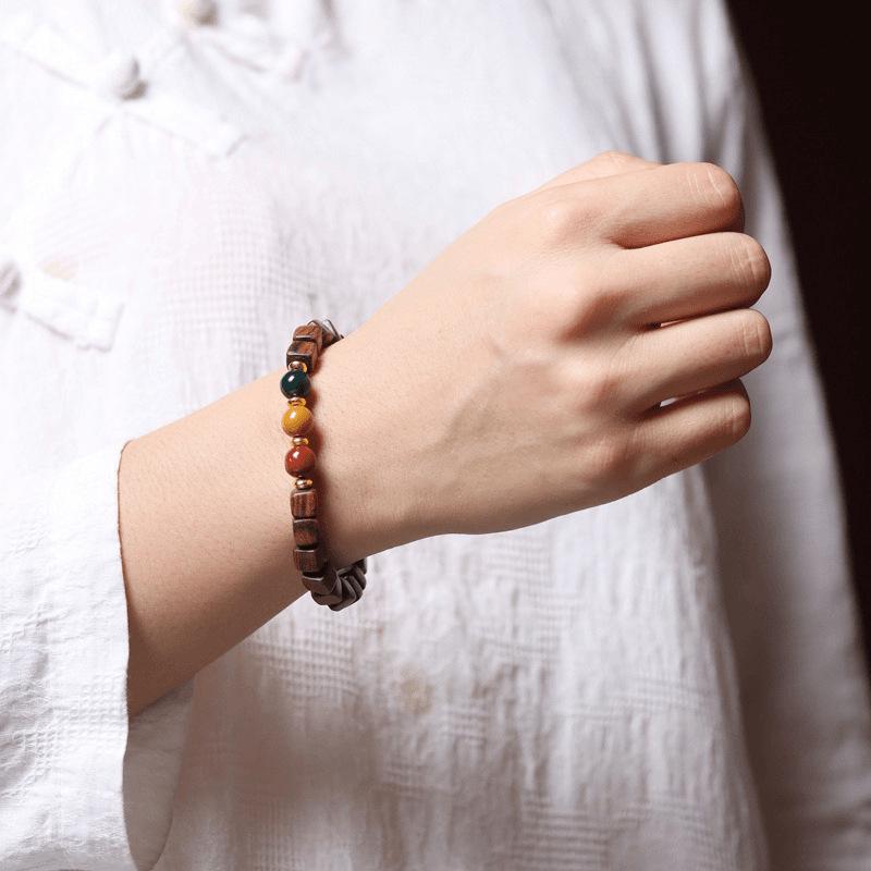 Tricolor Black Pear Sandalwood Cube Bead Bracelet with Ethnic Style