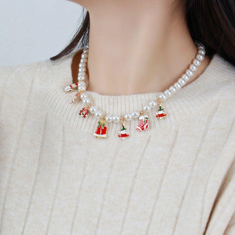 Cartoon Christmas Necklace Dripping Oil Cartoon Pendant Choker Sweet Pearl Chain  Decoration